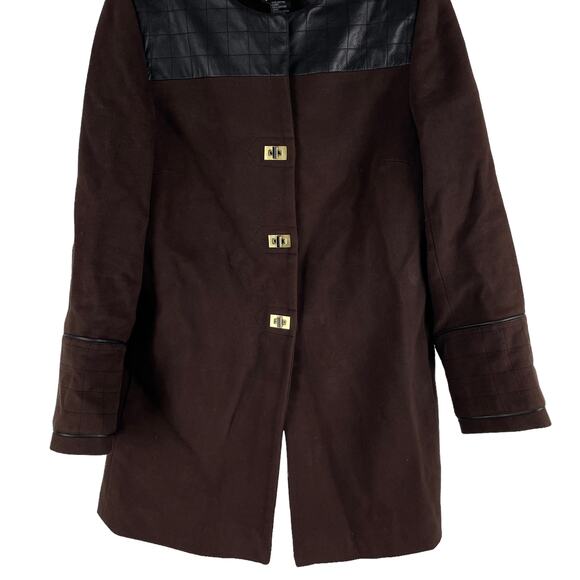 Etcetera Leather Trim Long Coat Jacket Turnlock Closure Brown Size 6 - Picture 5 of 10